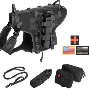 전술 개 조끼 하네스 및 번지 목줄이 있는 훈련용 목걸이 야외 훈련 서비스용 탈착식 물병 파우치 2개 포함