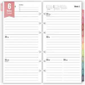 2026 주간 및 월간 플래너 A5 6링 바인더 리필 2026년 1월 - 12월 포벤서 6홀 펀칭 삽입물에 컬러풀한 탭