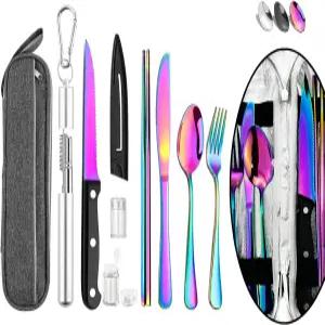 휴대용 여행 재사용 가능한 식기 실버웨어 케이스 포함 캠핑 세트 젓가락 및 빨대 플랫웨어 스테인리스