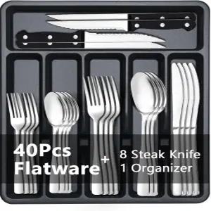 정리함이 있는 BEWOS 49피스 실버웨어 세트 - 스테이크 나이프 및 서랍 포함된 스테인리스 스틸 8인용 가정