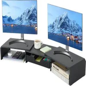 서랍이 있는 레케트리 듀얼 모니터 스탠드 라이저 책상용 컴퓨터 작업 공간 데스크 노트북 TV 등을 위한