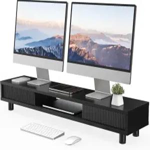 펜지 듀얼 모니터 스탠드 42.5인치 길이 2개 모니터용 라이저 수납 정리대가 있는 슬라이딩 도어 노트북 PC