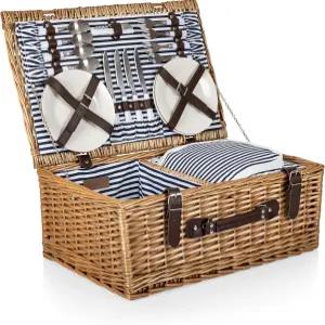 피크닉 TME 벨몬트 바구니 4인용 도자기 접시 포함 단열 위커 세트 스테인리스 스틸 플랫웨어 와인 잔 쿨러