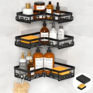 KEGII 3팩 접착 샤워 캐디 - 세입자와 가족을 위한 드릴링이 없는 내부 배스 앤 욕조 정리함 블랙