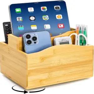 DEAYOU 대나무 회전 리모컨 캐디 360도 홀더 컨트롤러용 5칸 나이트스탠드 침대 옆 테이블 정리함 펜 전화