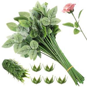 CDOKY 잎이 있는 장미 줄기 용품 꽃꽂이 도구 파티용 웨딩 꽃받침 가짜 50개 조화 인공 DIY 꽃다발 세트
