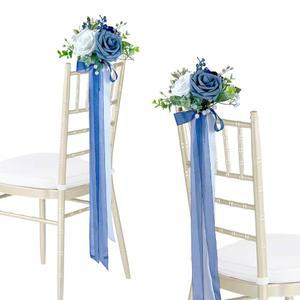CHERISHEDMOMENTS 웨딩 통로 의자 플라워 6개 파티 교회 세트 장미와 장식 리본 블루 결혼식 조화