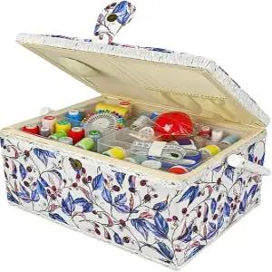 재봉 용품이 있는 대형 바구니 나무 빈티지 박스 탈착식 트레이 내장 핀 쿠션 내부 포켓 블루 레드 플로럴