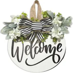 현관문용 환영 화환 활이 달린 소박한 나무 홈 현관 걸이 간판 선물 사계절 휴가 농가 야외 및 실내 장식용