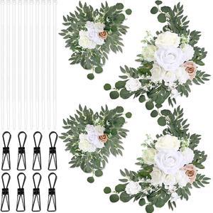 HOTOP 웨딩 아치 플라워 조화 로맨틱 장식용 8개 리셉션 4개 타이 장식 클립 환영 배경 세트 화이트 케이블 행사 인조 10개와 표지판 파티 꽃무늬