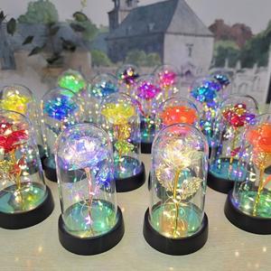 여자 친구 발렌타인 데이 선물 영원한 장미 LED 라이트 호일 꽃 유리 커버 어머니의 날 결혼식 호의 신부