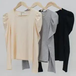 골지퍼프소매티셔츠 여성 여름 패션 코디 라운드 티셔츠 골지퍼프소매