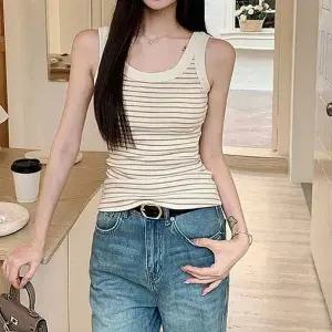 배색 이너 나시탑 여름 여자 스트라이프 민소매 4색 U넥