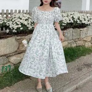 원피스 반팔 퍼프소매 여성 스모크 롱 여름 꽃무늬