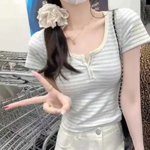 반팔티셔츠 세미크롭 슬림핏 여름 스트라이프 여자