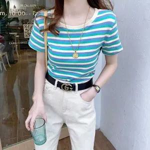 여름 슬림 여자 파스텔컬러 티셔츠 스트라이프 반팔티