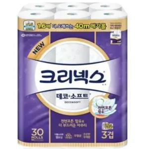 유한킴벌리 뉴 크리넥스 데코앤소프트 화장지 3겹 메가롤 40m 30롤 넓은 휴지 108mm 광폭 와이드