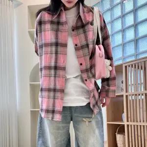 루즈핏 핑크 체크남방 긴팔셔츠 오버핏 가을 간절기 여자 데일리 캐주얼 여성셔츠 블라우스