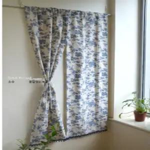 레트로 블루 로즈 도어 커튼 면 린넨 혼방 거실 파티션 가림막 인테리어 잔꽃무뉘 공간분리