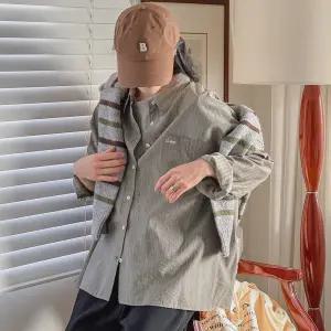 스트라이프 자수 원포켓 카라 셔츠 긴팔 오버핏 여성 빅사이즈