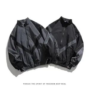 남친 점퍼 바람막이 미국 스트릿 반사선 패치 스탠드 칼라 지퍼 재킷 반사 배색 집업 코트 루즈핏 캐주얼