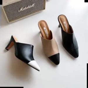 배색구두 국내제작 소가죽 앞코 배색 투톤 뾰족코 뮬 슬리퍼힐Y