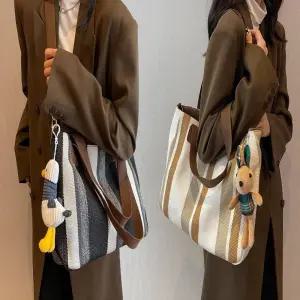 여성 세로 스트라이프 쇼퍼백 숄더백 캔버스 에코백 WHE2+1QQb