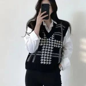 여성 격자 체크 니트 베스트 조끼 루즈핏 레이어드 조끼