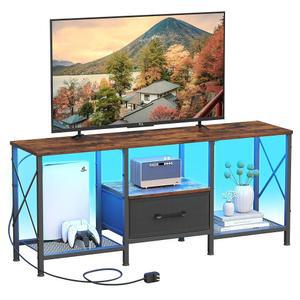 패브릭 서랍이 있는 JARHETUN LED TV 스탠드, 55인치 TV 50대용 엔터테인먼트 센터, 거실, 침실, 러스틱 브라운을 위한 개방형 수납 선반이 있는 산업용 TV 콘솔 테이블