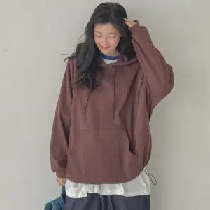 캥거루 포켓 무지 긴팔 후드티 오버핏 밑단스트링 여성 빅사이즈