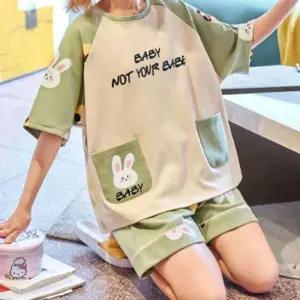 여성용 여름용 아기토끼 프린트 반팔 상하 파자마