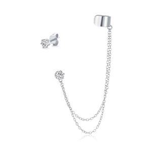 여성용 두 체인 이어 워프 커프 CZ 스터드 이어 로브 이어링이 있는 기하학적 연골 플레인 밴드 10대 남성용 14K 골드 도금 .925 스털링 실버