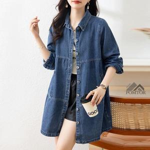 POMTOR 여성 봄가을 트렌디한 루즈핏 데님자켓 하프 데님 코트 트렌치