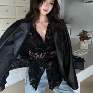 SELEAD 레이스 펀칭 플라워 모티브 긴팔 셔츠 블라우스 자수레이스블라우스 루즈핏 시스루 입술넥 긴팔니트