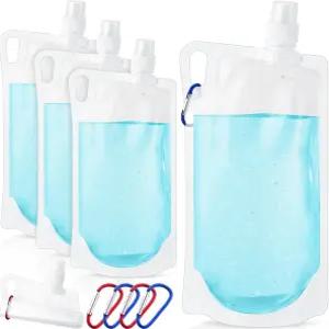 맥스닷 4팩 1L 접이식 여행용 물병 클립 33온스 투명 워터 파우치 용기 가방 포함 하이킹 배낭 캠핑 여행