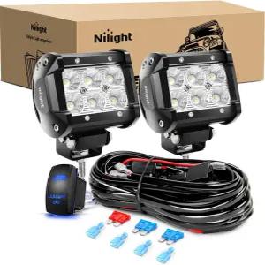 Nilight LED 라이트 바 2PCS 18W 플러드 오프 로드 12V 5핀 로커 스위치 배선 하네스 키트 2년 보증 클리어