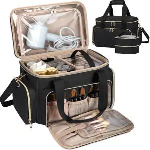 GDNasist 대형 메이크업 가방 탈부착 가능한 파우치 2개와 분리 칸막이가 있는 여성용 휴대용 여행용