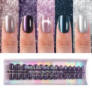 150Pcs 고양이 프레스 온 네일 숏 스퀘어 플라우바 소프트 젤 페이크 글로시 글리터 팁 15가지 사이즈로