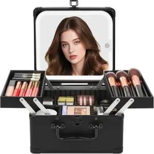 초메이우 메이크업 백 트레이 2개 포함 여행용 기차 케이스 대형 화장품 정리함 LED 조명 베니티 미러 네일