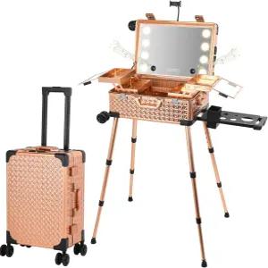 라이트 미러와 블루투스 스피커 전문 화장품 정리함이 있는 보크 롤링 메이크업 기차 케이스 여행용 휴대용