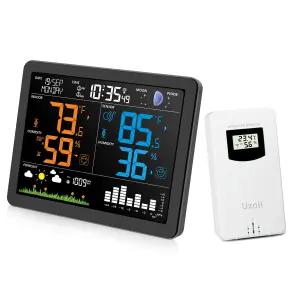 Uzoli EM3566 기상 관측소 무선 실내 실외 원자 시계가 있는 7.4인치 대형 온도 습도 일기 예보 스누즈