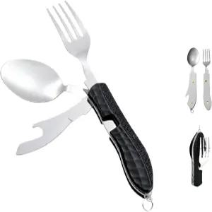 캠핑 플랫웨어 스테인리스 스틸 스푼 포크 나이프 병따개 4-in-1 콤보 식기 배낭 여행 낚시 스카우트를