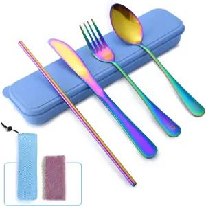 볼더비 여행 도구 세트 재사용 가능한 캠핑 식기 스테인리스 스틸 케이스 포함 휴대용 실버웨어