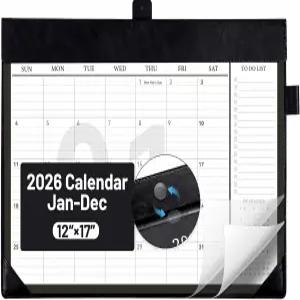 비비지 데스크 캘린더 2026년 1월부터 12월까지 플라스틱 커버 할 일 목록 포함 대형 12 x17 월 가죽 하드