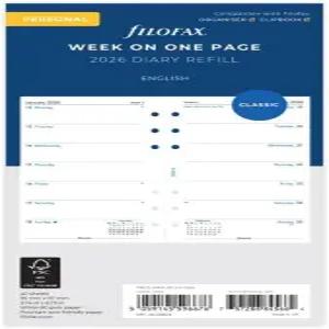 필로팍스 캘린더 다이어리 리필 개인/콤팩트 사이즈 한 페이지의 주간 백서 규칙 없음 영어 2026년