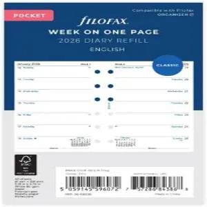 필로팍스 캘린더 다이어리 리필 포켓 사이즈 한 페이지의 주간 백서 규칙 없음 영어 2026년 (C68226-26)