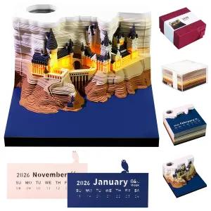 타임피스 캘린더 2026 LED 조명이 있는 3D 스테레오 메모장 아트 카빙 선물 펜 홀더가 사무실 데스크톱