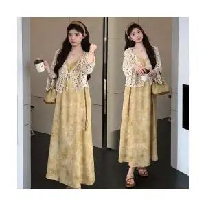 여자 정장세트 봄여름 프렌치 옐로우 프린트 나시 원피스+레이스케이프 투피스 세트 MACHI2