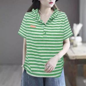 여성 후드 티셔츠 루즈핏 반팔 스트라이프 여름 상의 기본 셔츠