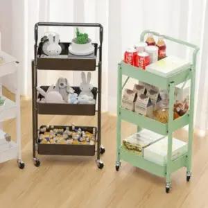 무조립 3단 트롤리 이동식 카트 접이식 손잡이 선반
